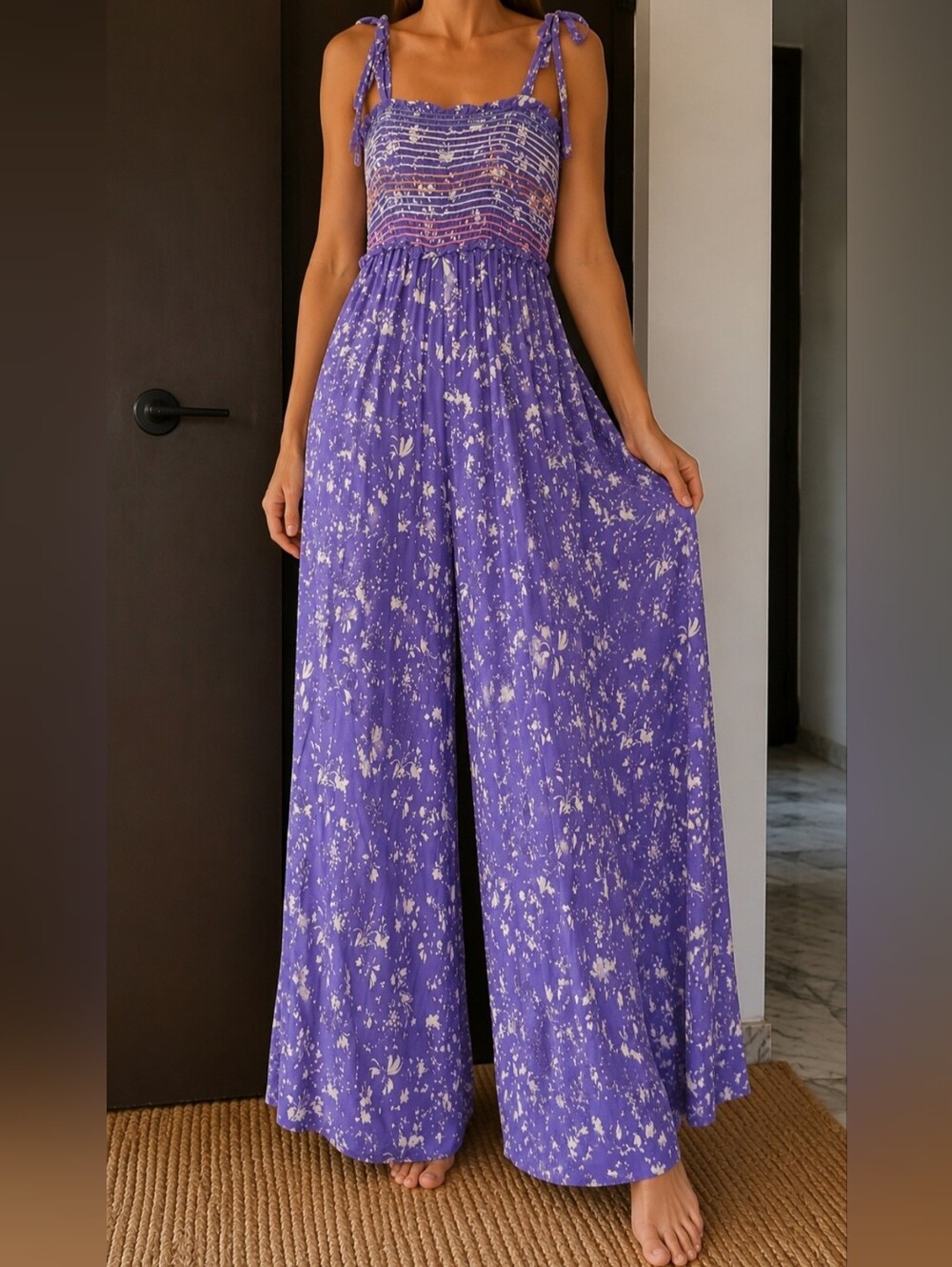 Free People Lavender Floral Wide-Leg Jumpsuit